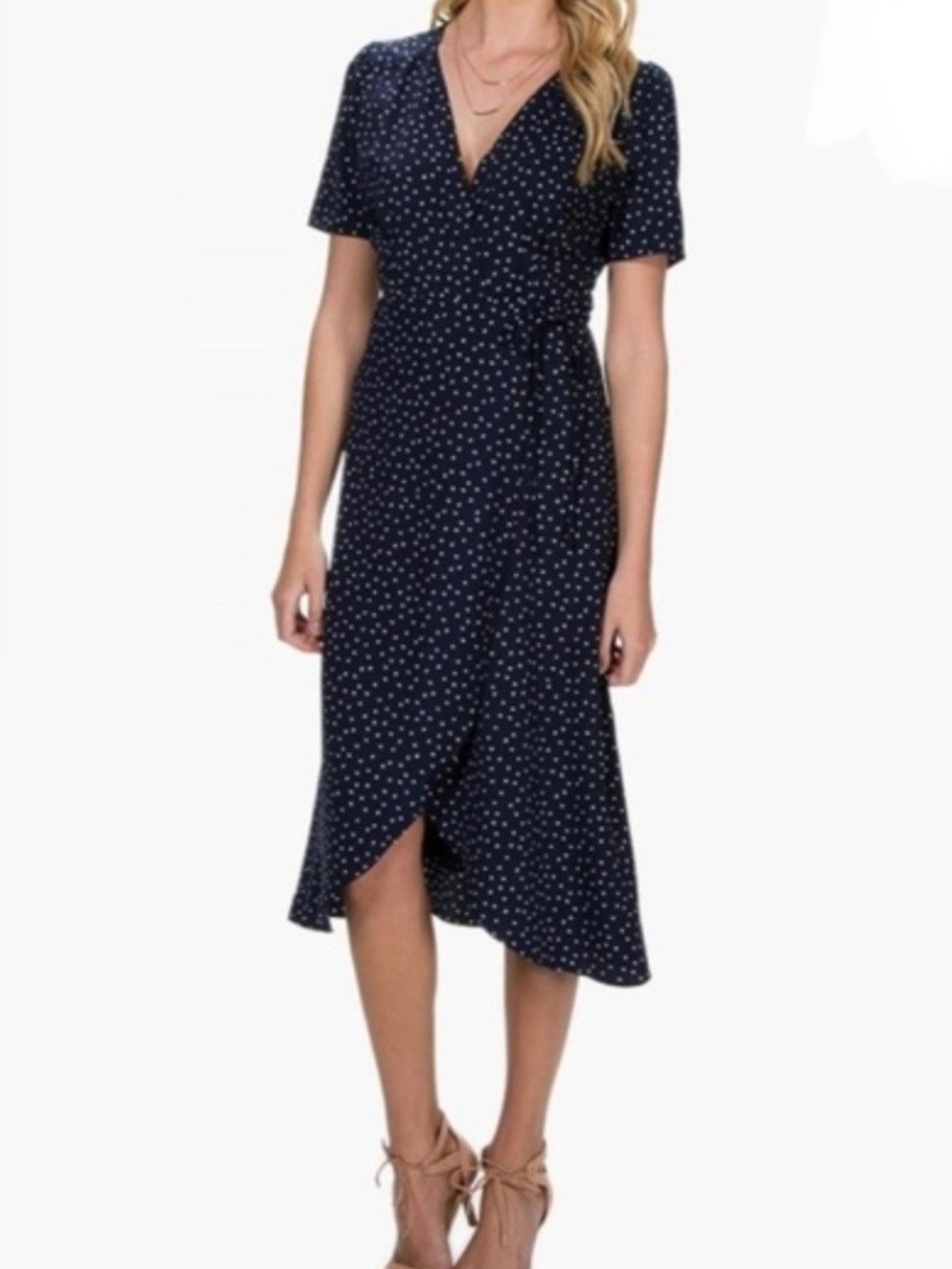 Everly Small Navy Polka Dot Wrap Midi Dress